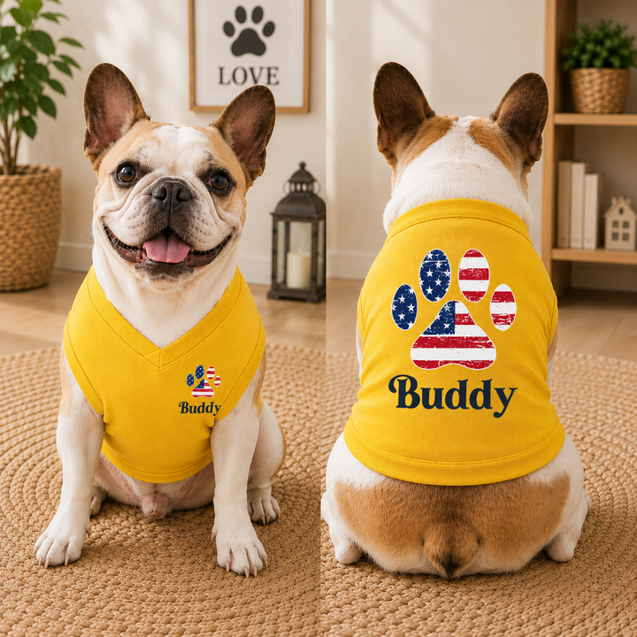 Custom American Flag Dog Tank Top, Red White and Blue Dog Outfit, Personalized Fourth of July Pet Clothes, USA Flag Paw Print Shirt