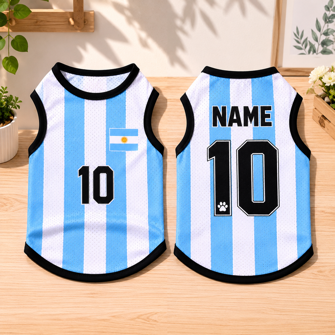 Personalized Argentina Pet Soccer Jersey, Soccer Outfit for Dogs Cats, Argentina Football Shirt Name Number, Cute Puppy Sportswear