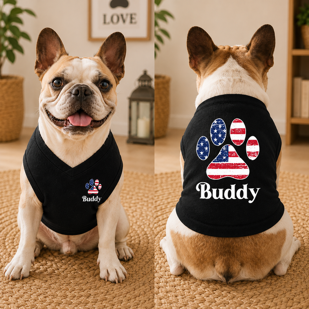 Custom American Flag Dog Tank Top, Red White and Blue Dog Outfit, Personalized Fourth of July Pet Clothes, USA Flag Paw Print Shirt