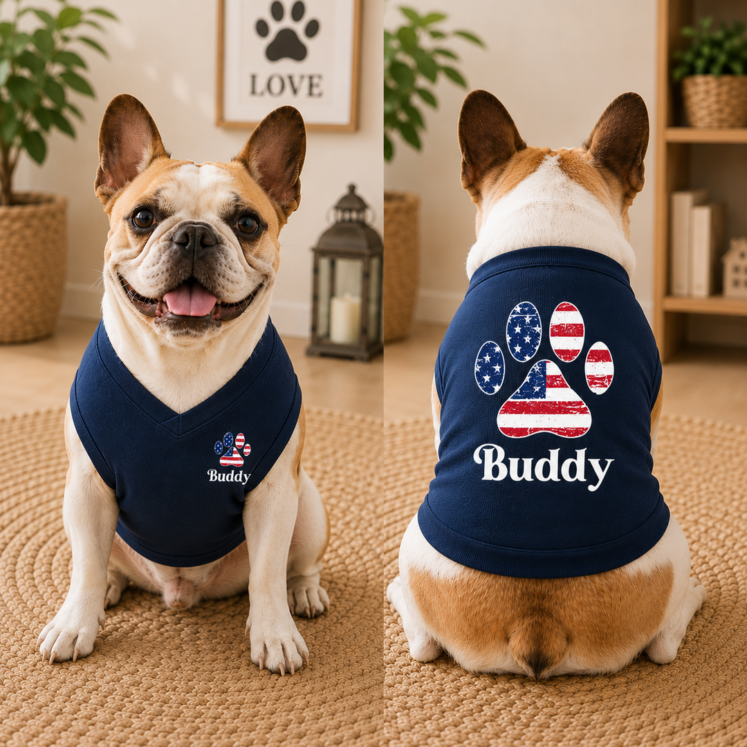Custom American Flag Dog Tank Top, Red White and Blue Dog Outfit, Personalized Fourth of July Pet Clothes, USA Flag Paw Print Shirt