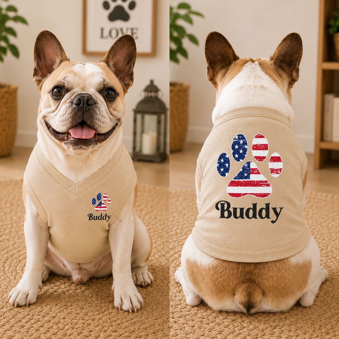 Custom American Flag Dog Tank Top, Red White and Blue Dog Outfit, Personalized Fourth of July Pet Clothes, USA Flag Paw Print Shirt