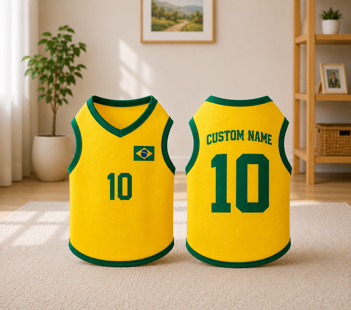 Custom Brazil Dog Soccer Jersey, Personalized Pet Football Shirt, Brazil Fan Dog Jersey, Soccer Pet Outfit, Dog Team Jersey