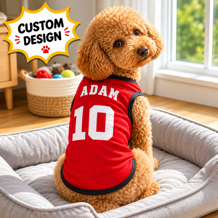 Custom Dog Jersey Shirt – Personalized Pet Sports Vest with Name & Number | Cute Red Mesh Puppy Outfit Gift