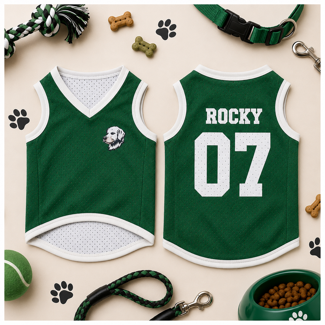 Custom Dog Jersey Shirt – Personalized Pet Sports Vest with Name & Number | Cute Red Mesh Puppy Outfit Gift
