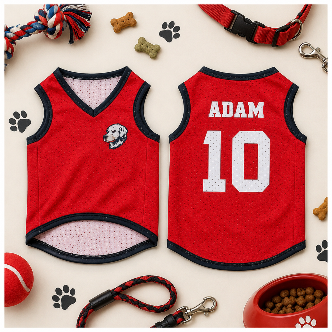Custom Dog Jersey Shirt – Personalized Pet Sports Vest with Name & Number | Cute Red Mesh Puppy Outfit Gift