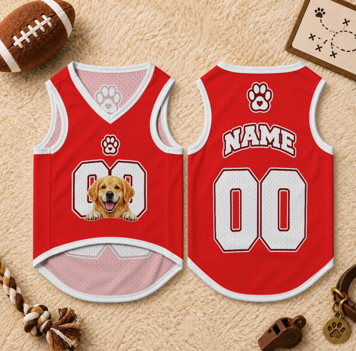Custom Jersey for Dogs and Cats, Personalized Pet Shirt with Name and Number, Red Athletic Pet Outfit, Heat Press Football Dog Clothes