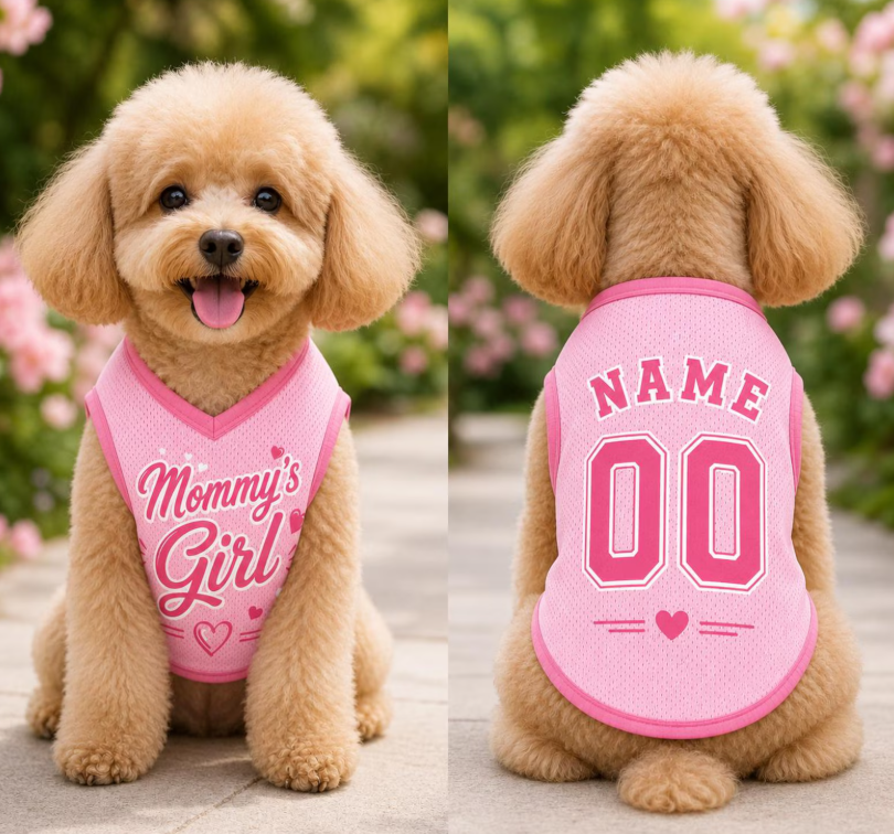 Custom Mommy’s Girl Dog Jersey, Personalized Pink Pet Shirt, Dog Mom Gift, Name Number Dog Outfit, Cute Pet Clothing, Pet Girl Clothing