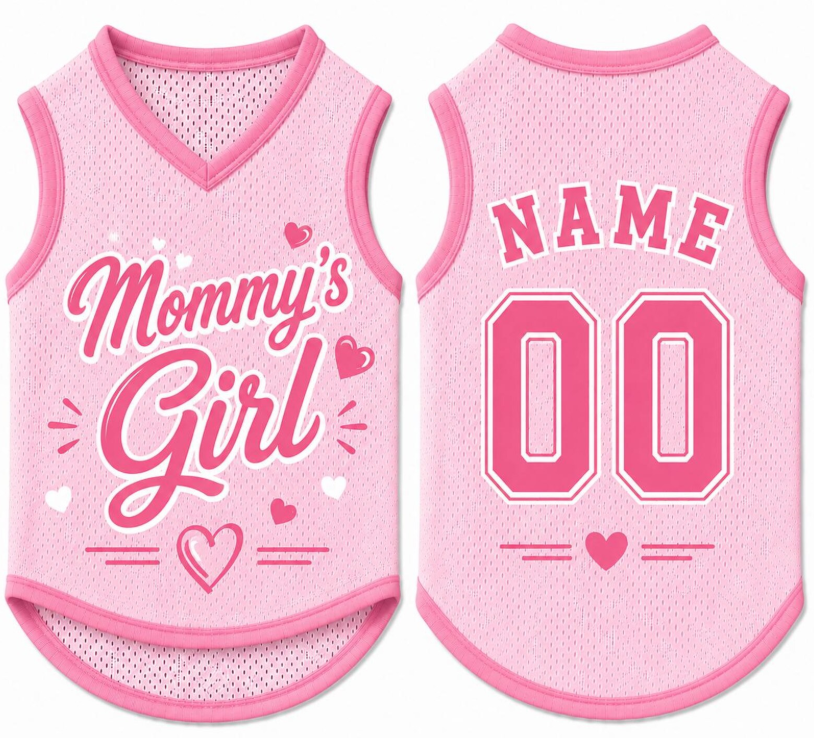 Custom Mommy’s Girl Dog Jersey, Personalized Pink Pet Shirt, Dog Mom Gift, Name Number Dog Outfit, Cute Pet Clothing, Pet Girl Clothing