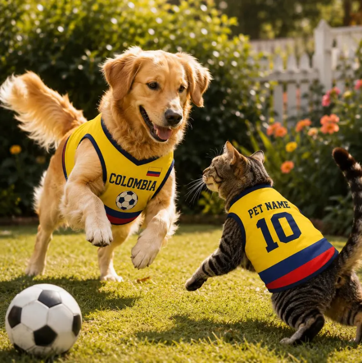 Personalized Colombia Pet Soccer Jersey, Soccer Outfit for Dogs Cats, Colombia Football Shirt Name Number, Cute Puppy Sportswear