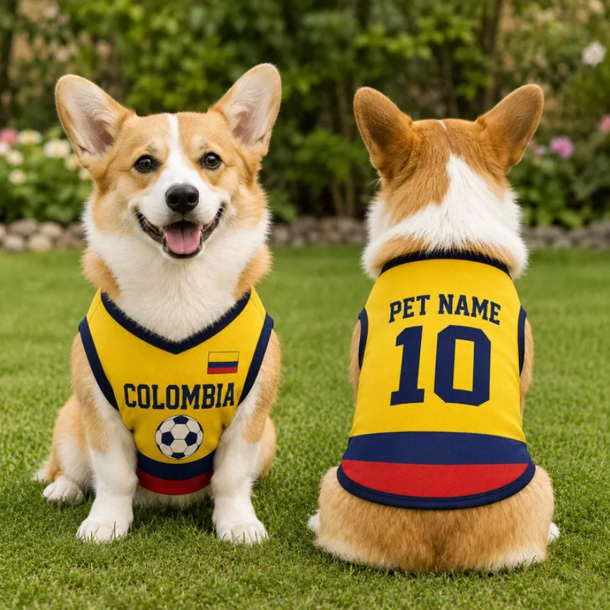 Personalized Colombia Pet Soccer Jersey, Soccer Outfit for Dogs Cats, Colombia Football Shirt Name Number, Cute Puppy Sportswear
