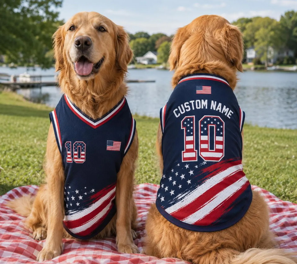Personalized Dog Jersey, Custom Pet Shirt, Patriotic Outfit, Independence Day Gift