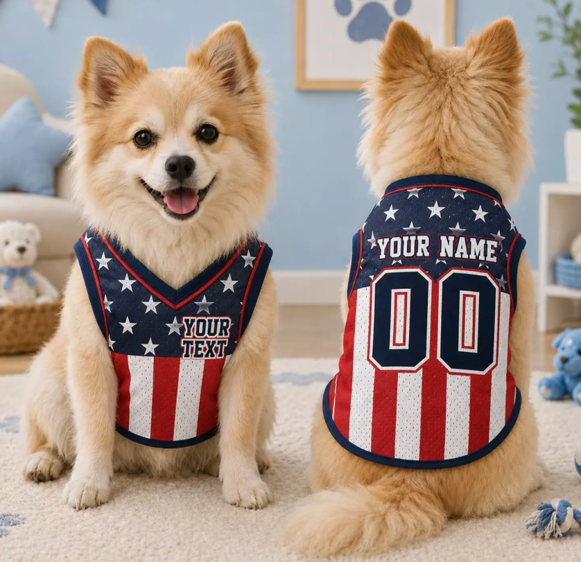 Personalized USA Flag Patriotic Pet Jersey, Custom USA Dog Shirt, 4th of July Pet Clothing, Name Number Dog Outfit, American Flag Cat Shirt