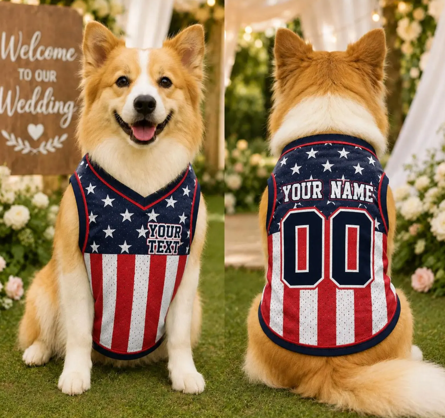 Personalized USA Flag Patriotic Pet Jersey, Custom USA Dog Shirt, 4th of July Pet Clothing, Name Number Dog Outfit, American Flag Cat Shirt