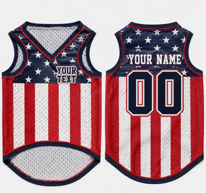 Personalized USA Flag Patriotic Pet Jersey, Custom USA Dog Shirt, 4th of July Pet Clothing, Name Number Dog Outfit, American Flag Cat Shirt