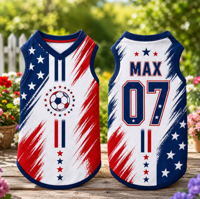 Personalized USA Pet Jersey, Custom Name Number Dog Cat Shirt, American Flag Soccer Pet Jersey, Matching Puppy Cat Outfit