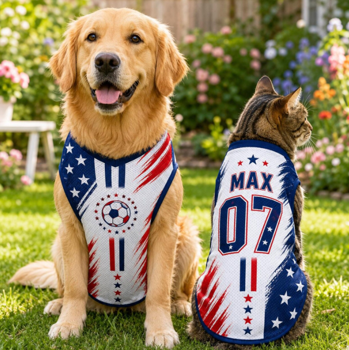 Personalized USA Pet Jersey, Custom Name Number Dog Cat Shirt, American Flag Soccer Pet Jersey, Matching Puppy Cat Outfit