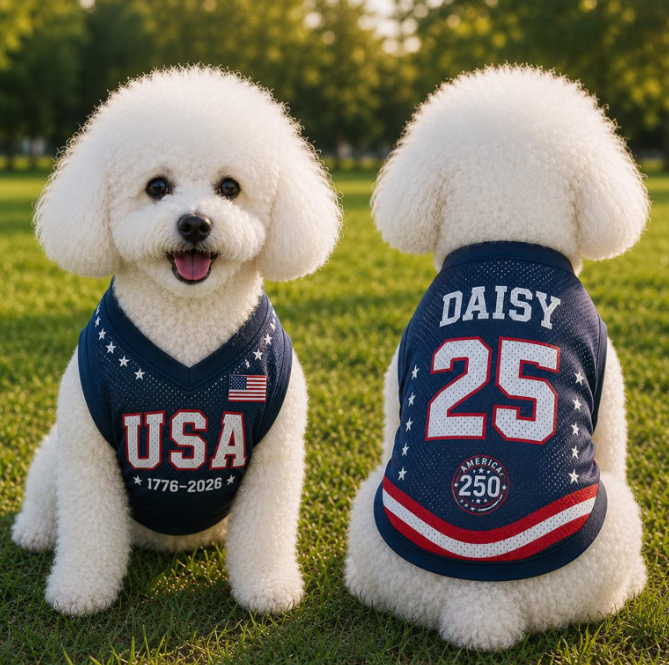 USA 250th Anniversary Dog Jersey, Patriotic Pet Shirt, Custom Name Number Puppy Outfit, 4th of July Dog Clothes