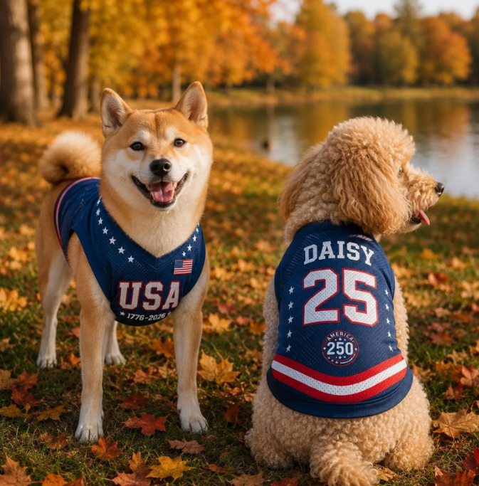 USA 250th Anniversary Dog Jersey, Patriotic Pet Shirt, Custom Name Number Puppy Outfit, 4th of July Dog Clothes